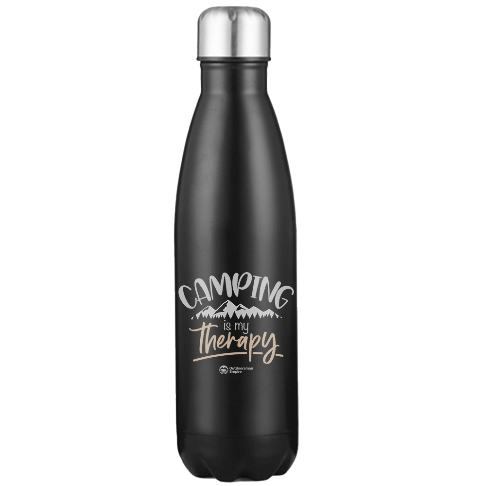 Camping Is My Therapy 17oz Stainless Steel Water Bottle with a leakproof cap and vibrant UV printed design, perfect for outdoor adventures.